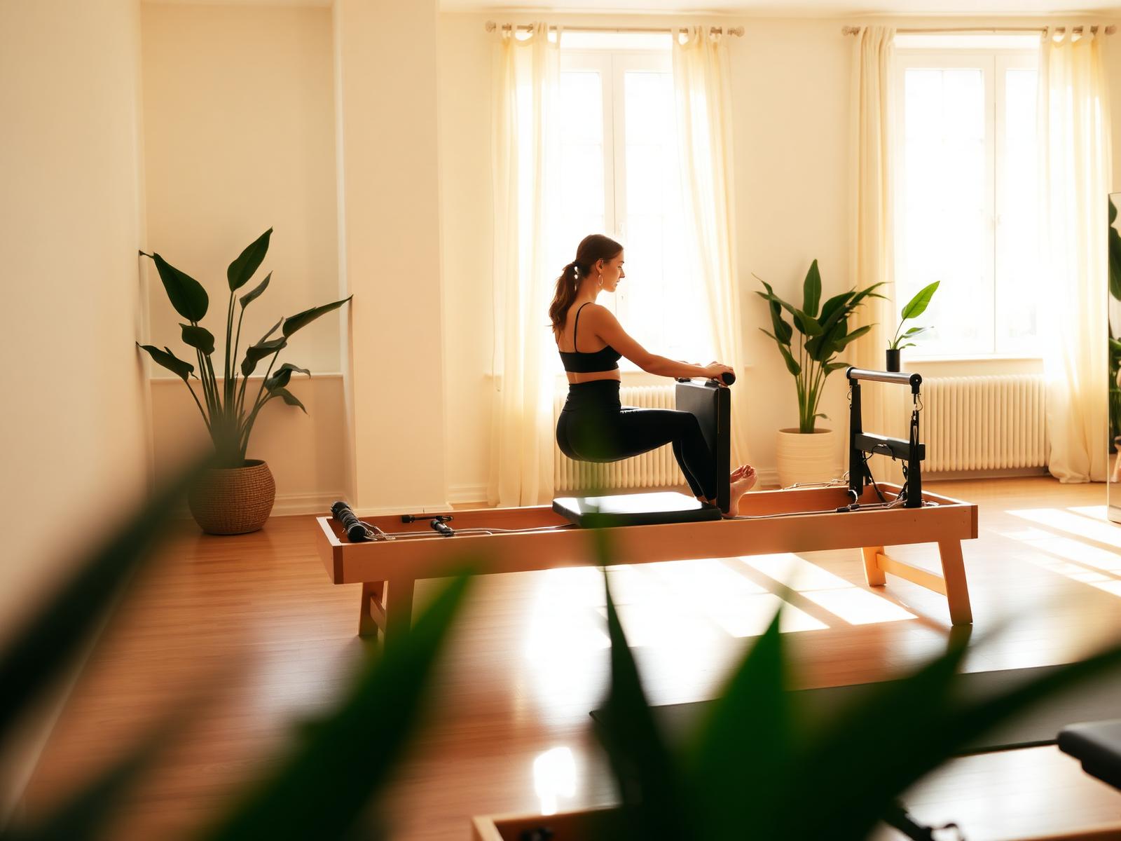 A woman moving on a reformer inside The Studio Padstow